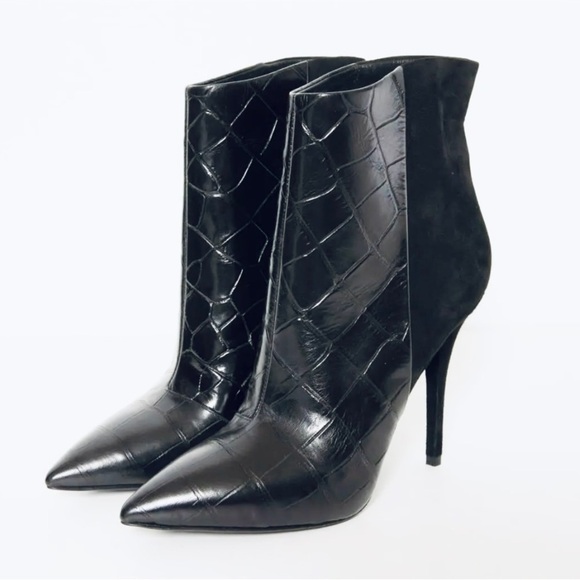 BRIAN ATWOOD Black Suede Embossed Croc Leather Pointed Toe Heel ankle Bootie - Picture 1 of 8